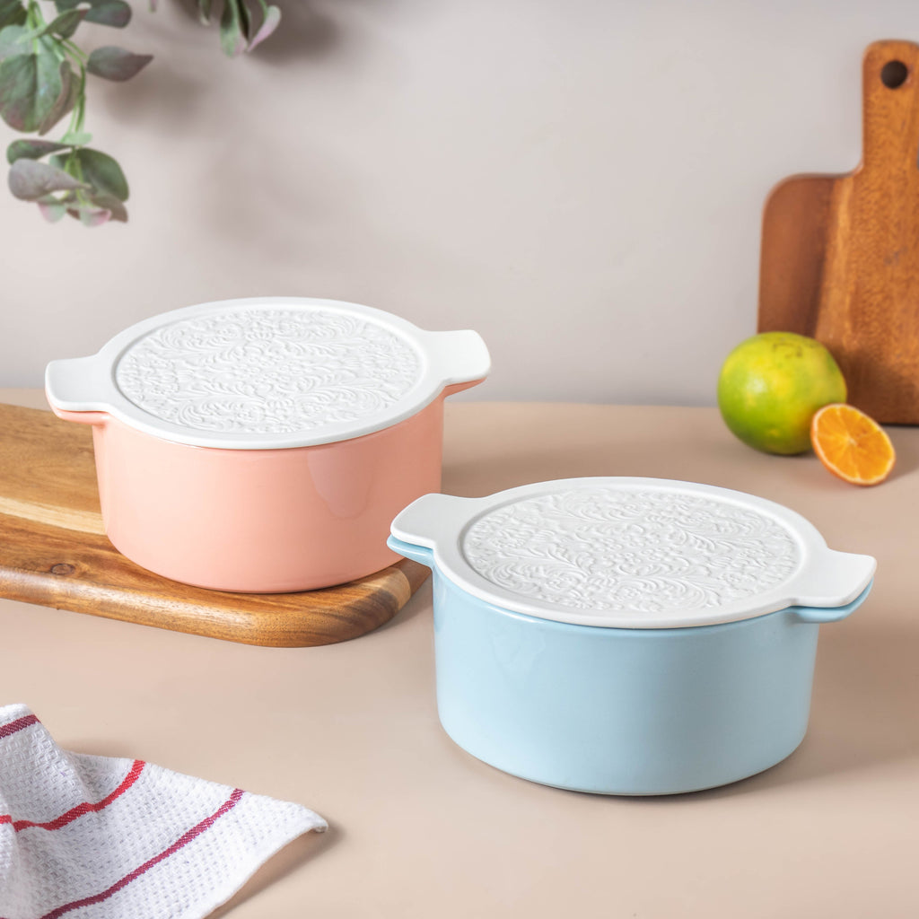 Riona Ceramic Serving Pot Pink With Floral Lid Nestasia