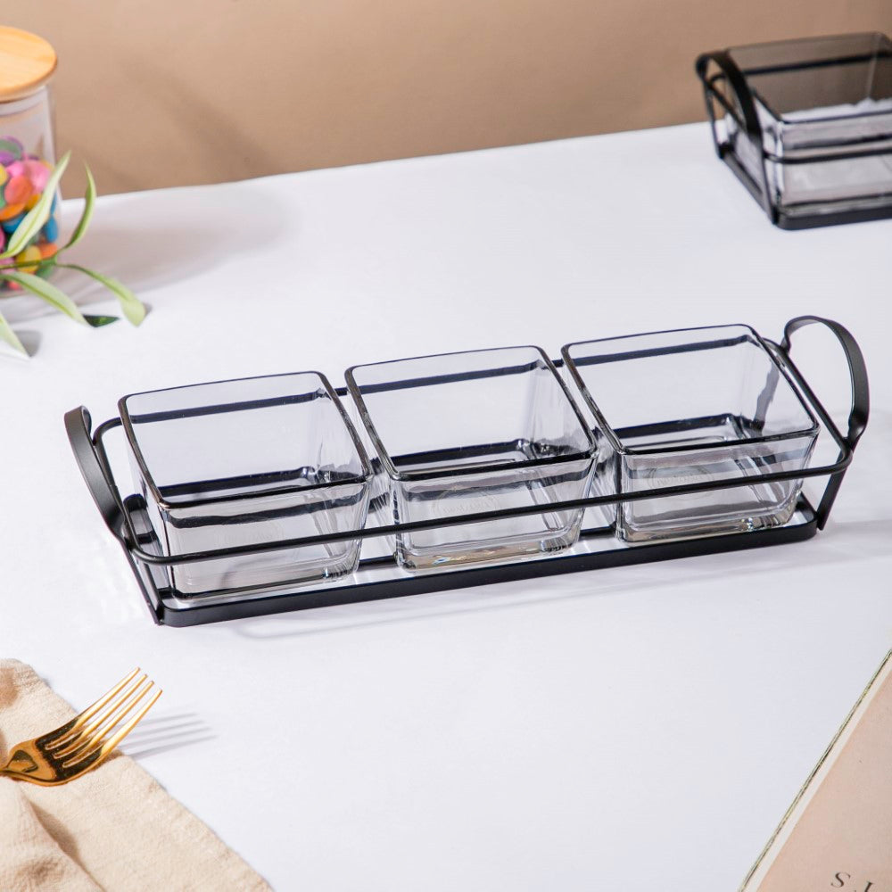 Glass Square Bowl With Tray Set Of 4 200ml Nestasia