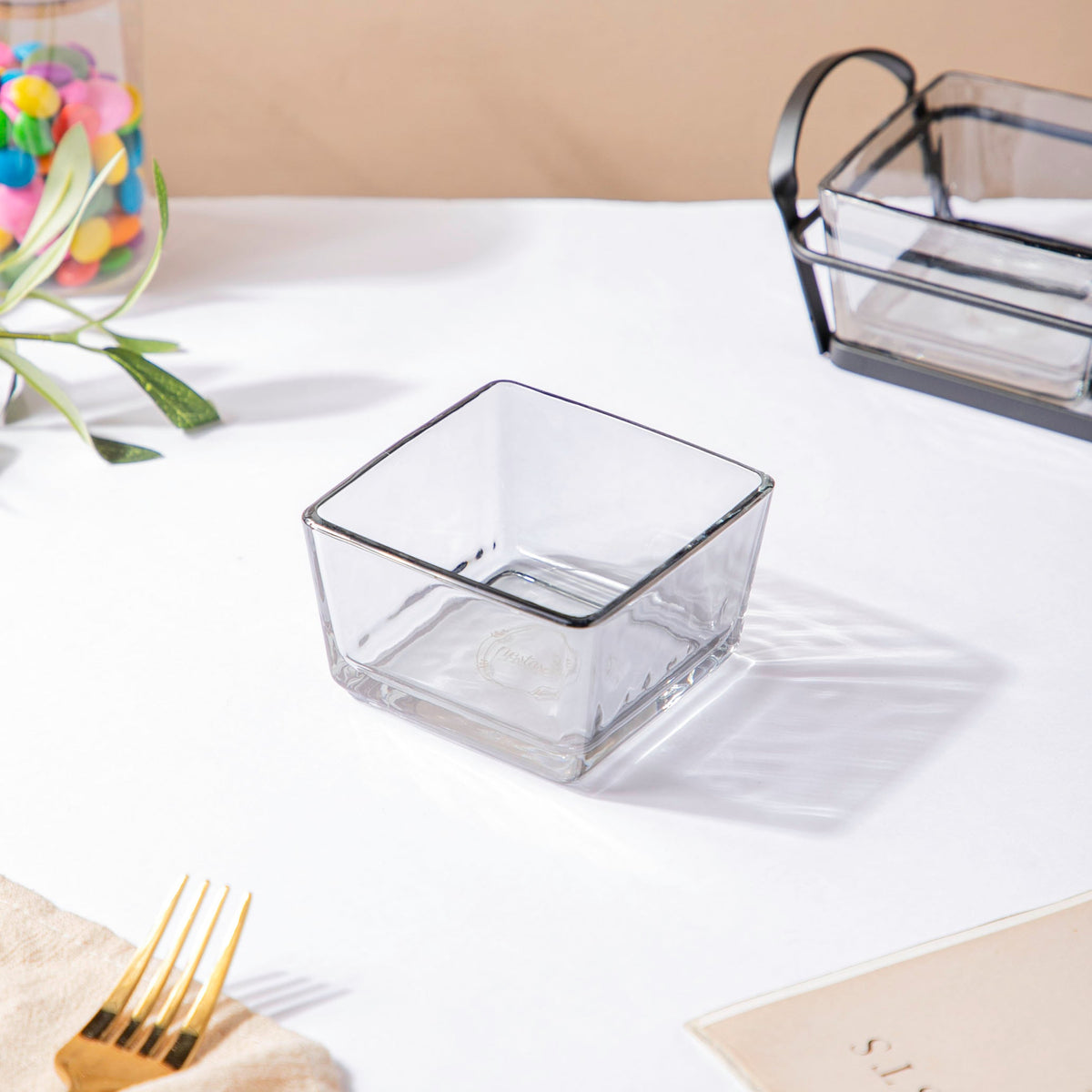 Glass Square Bowl With Tray Set Of 4 200ml Nestasia