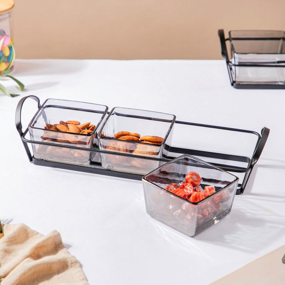 Glass Square Bowl With Tray Set Of 4 200ml Nestasia