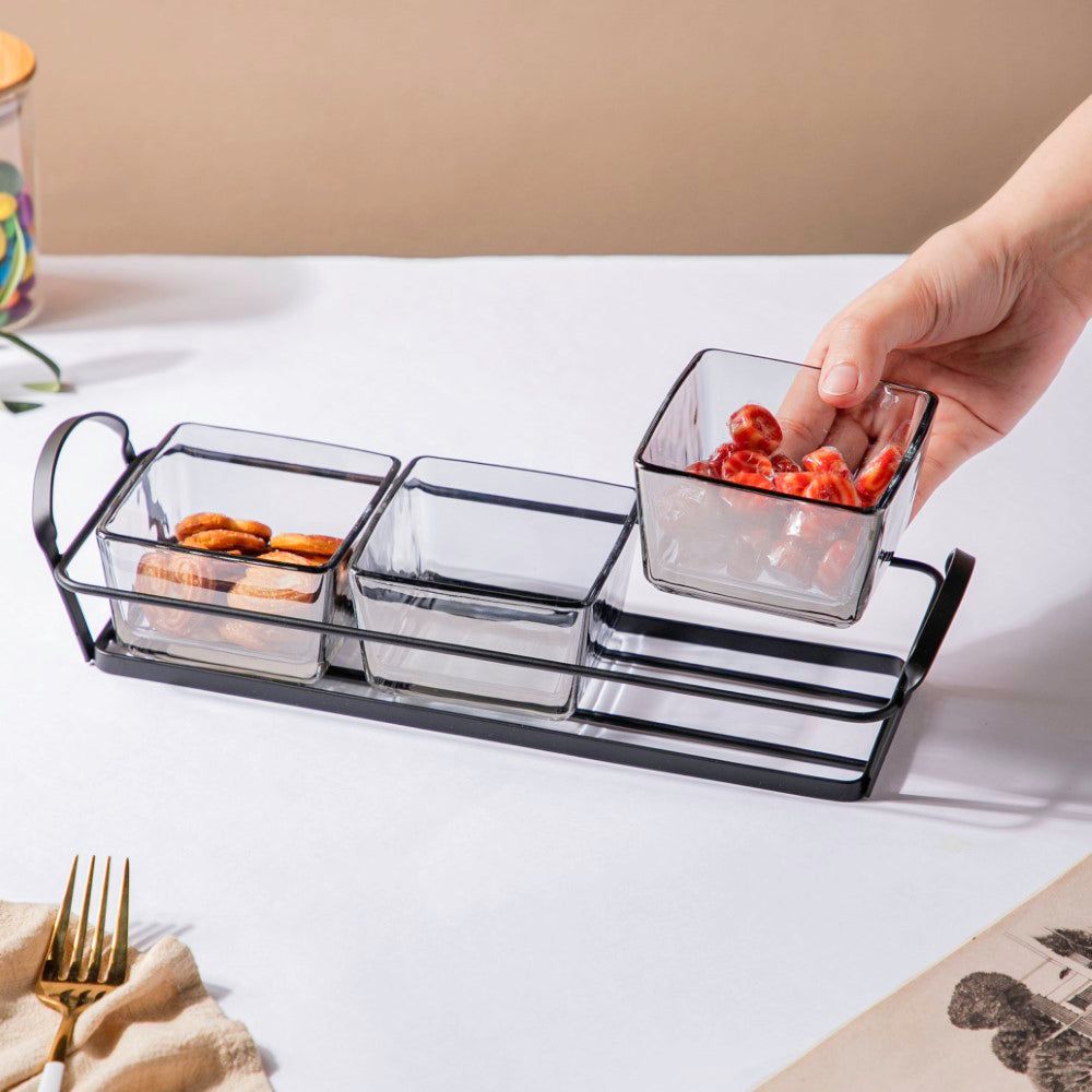 Glass Square Bowl With Tray Set Of 4 200ml Nestasia