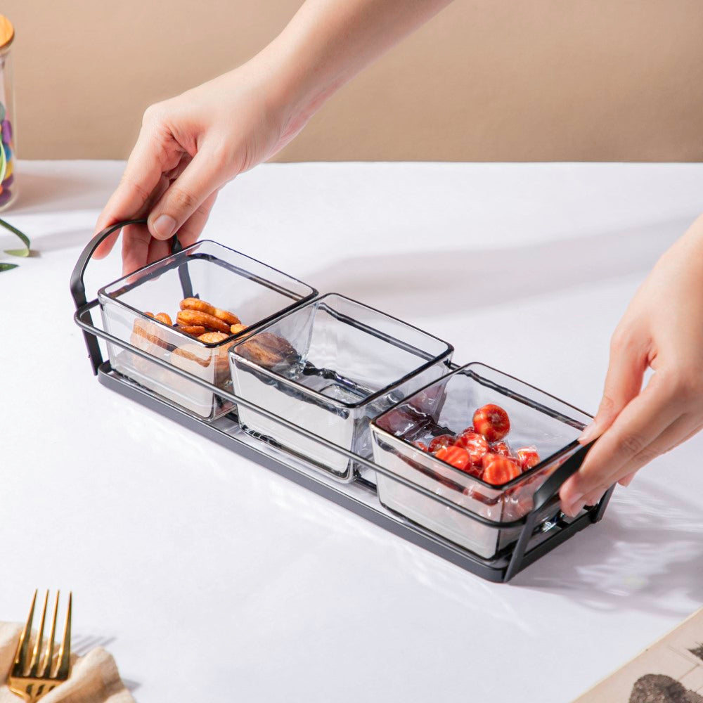 Glass Square Bowl With Tray Set Of 4 200ml Nestasia