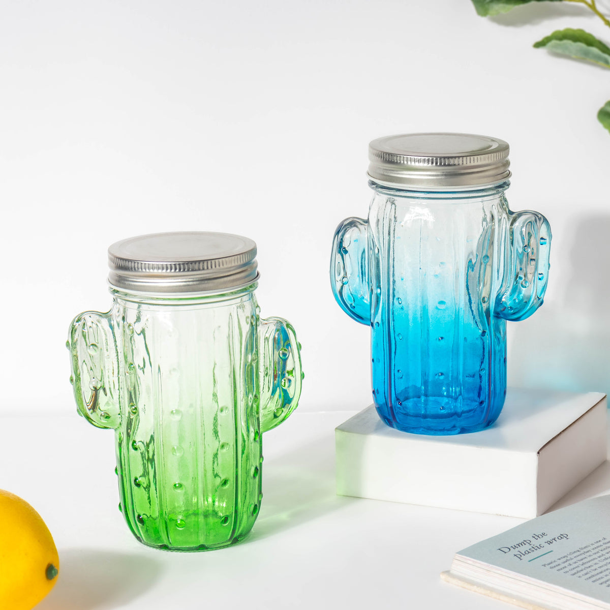 Prickly Cacti Glass Jar Green with Lid Set of 4 Nestasia