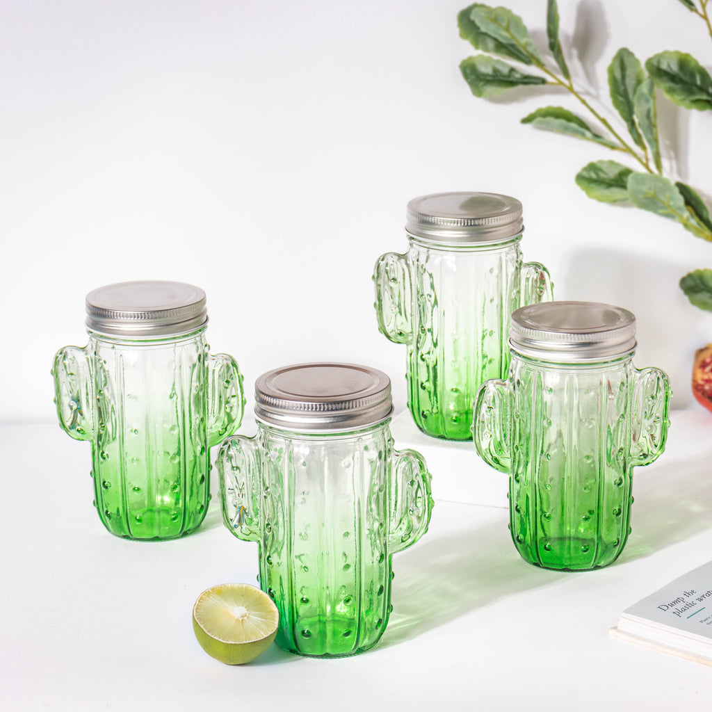 Prickly Cacti Glass Jar Green with Lid Set of 4 Nestasia