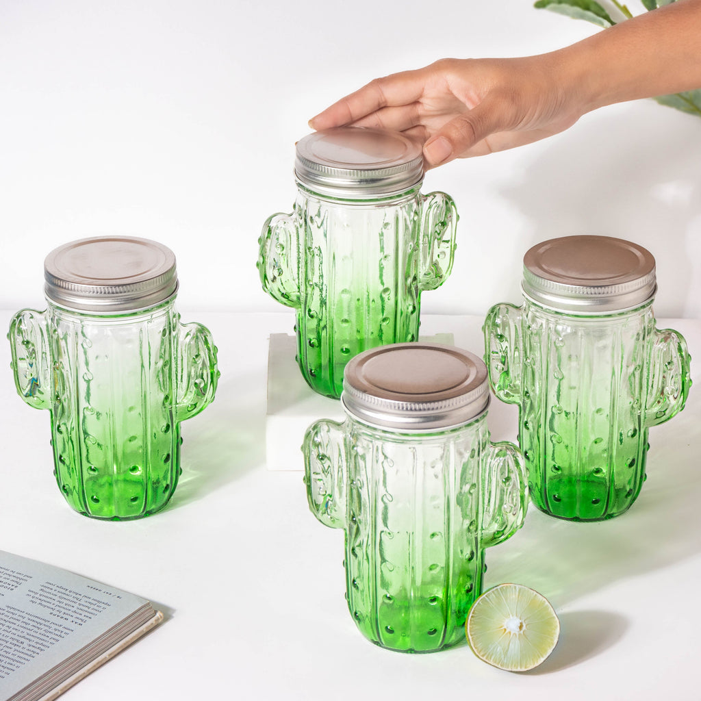 Prickly Cacti Glass Jar Green with Lid Set of 4 Nestasia