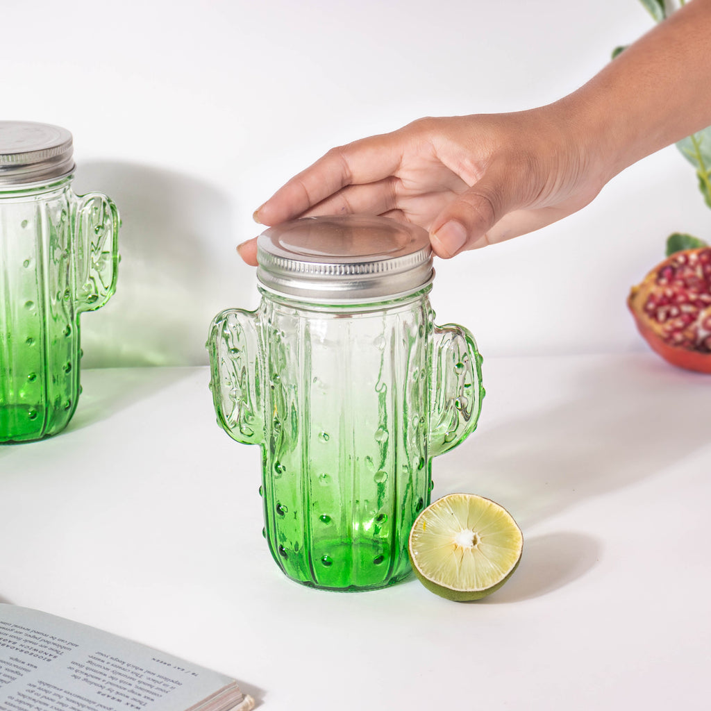 Prickly Cacti Glass Jar Green with Lid Set of 4 Nestasia