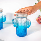Prickly Cacti Glass Jar Blue with Lid Set of 4 Nestasia