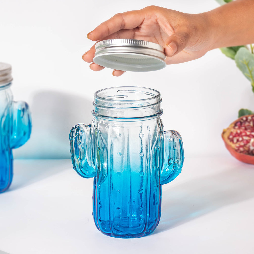 Prickly Cacti Glass Jar Blue with Lid Set of 4 Nestasia