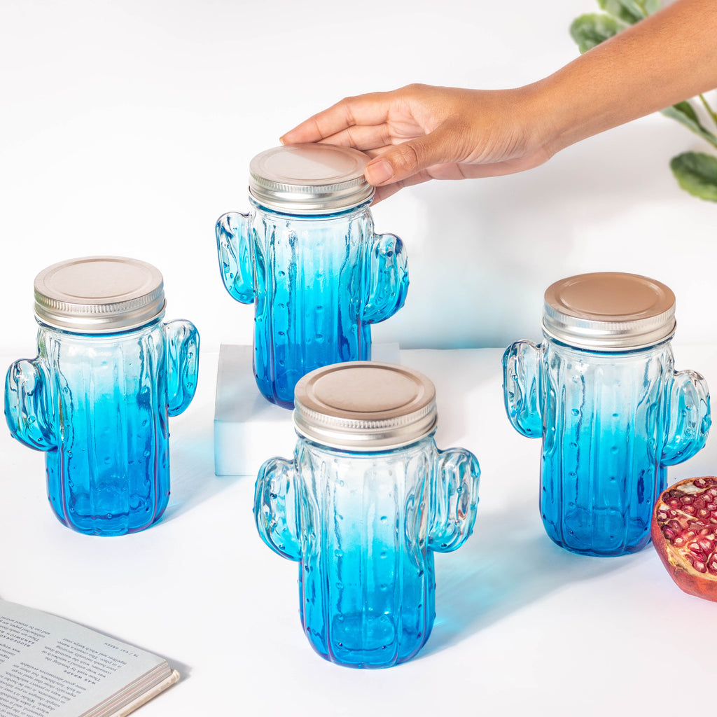 Prickly Cacti Glass Jar Blue with Lid Set of 4 Nestasia