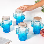 Prickly Cacti Glass Jar Blue with Lid Set of 4 Nestasia