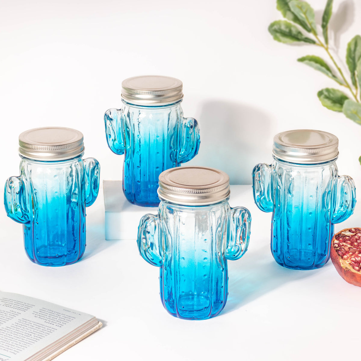 Prickly Cacti Glass Jar Blue with Lid Set of 4 Nestasia