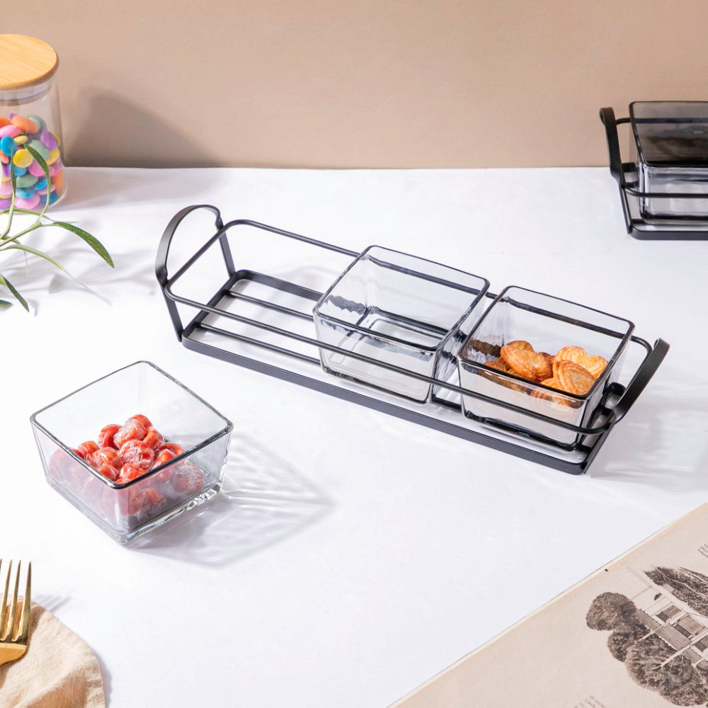 Glass Square Bowl With Tray Set Of 4 200ml Nestasia