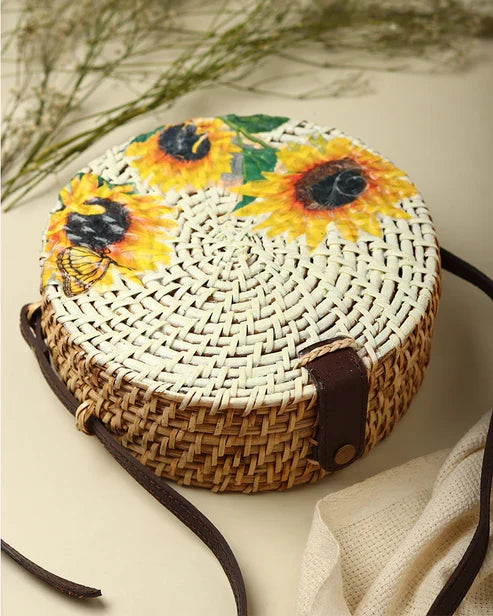 Natural Round Rattan Sling Bag for Beach, Travel, and Everyday Use