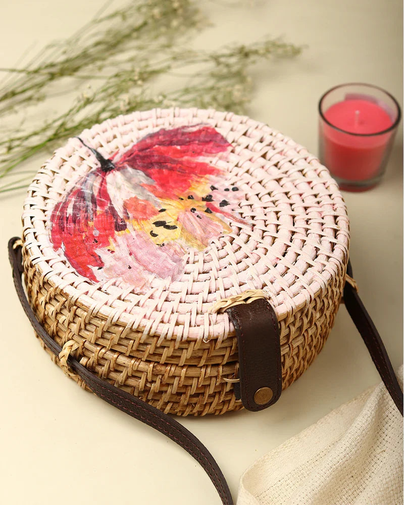 Handmade Round Rattan Bali Sling Bag for Bohemian Fashion and Street Style
