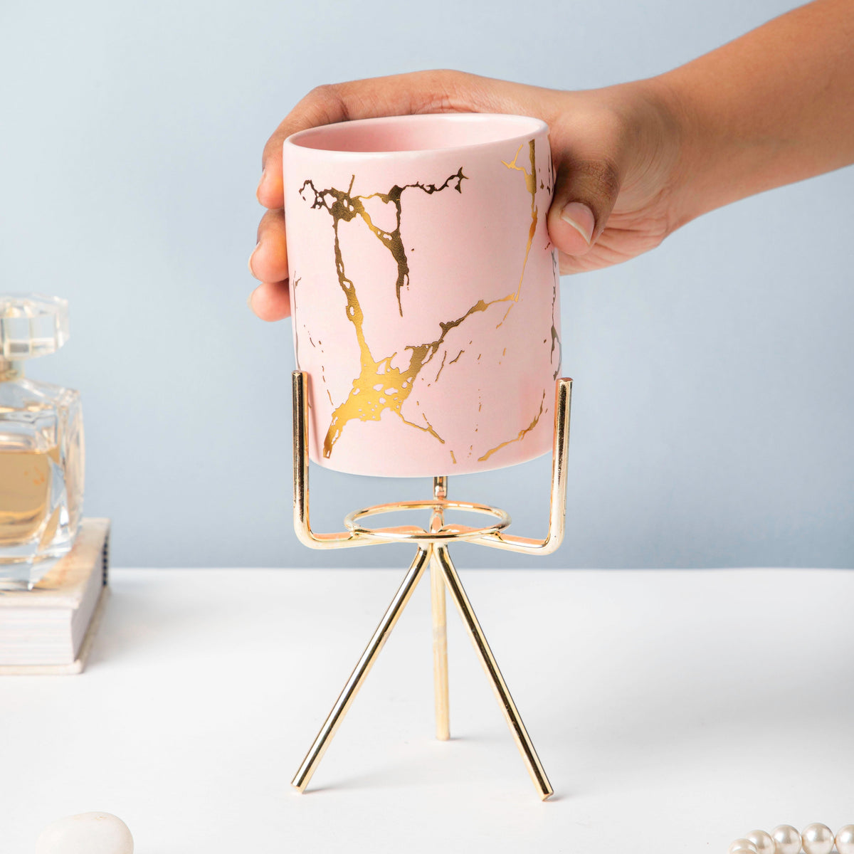 Auric Marble Pink Planter with Stand Large Nestasia