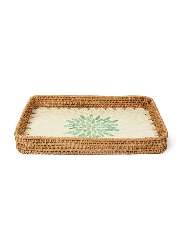 Decorative Green Rangoli Mosaic Cane Tray for Coffee Table and Kitchen Serving