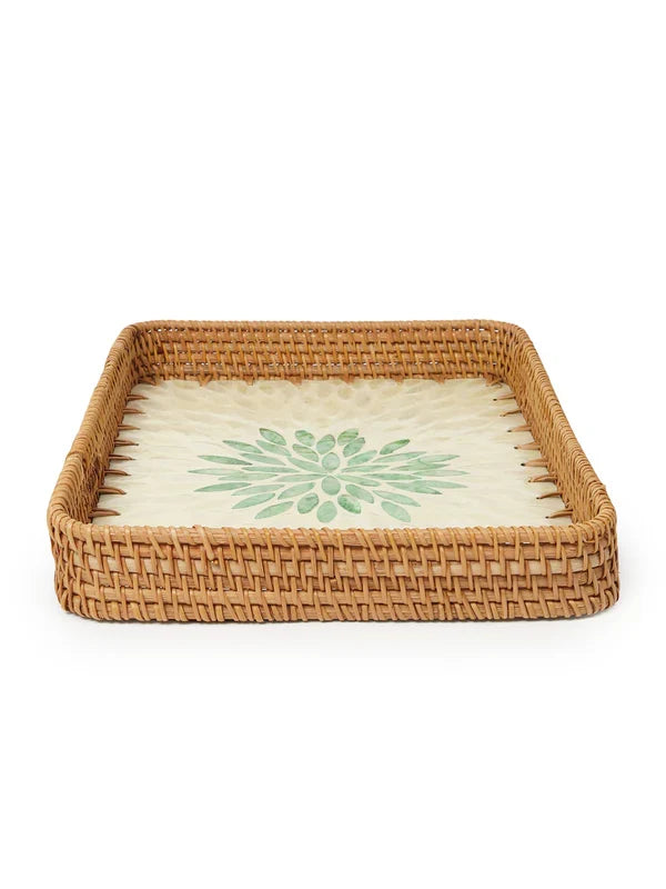 Decorative Green Rangoli Mosaic Cane Tray for Coffee Table and Kitchen Serving