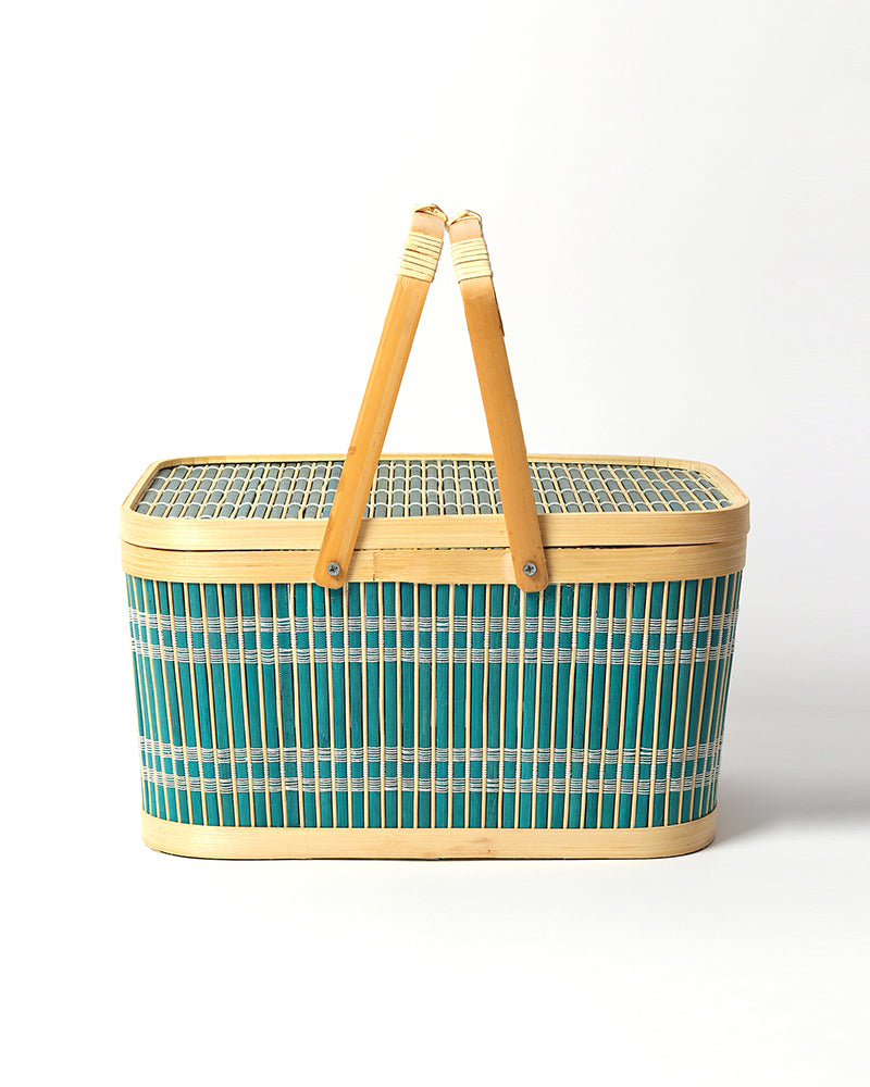 Rustic Bamboo Picnic Basket with Lid for Family Lunch & Travel