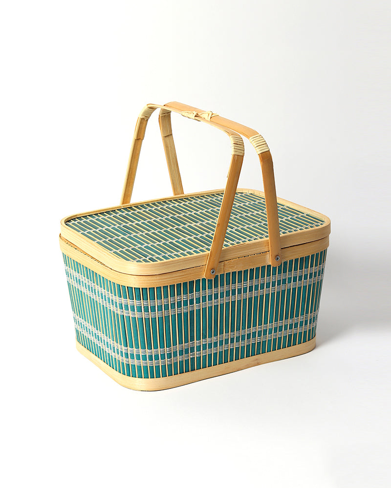 Rustic Bamboo Picnic Basket with Lid for Family Lunch & Travel