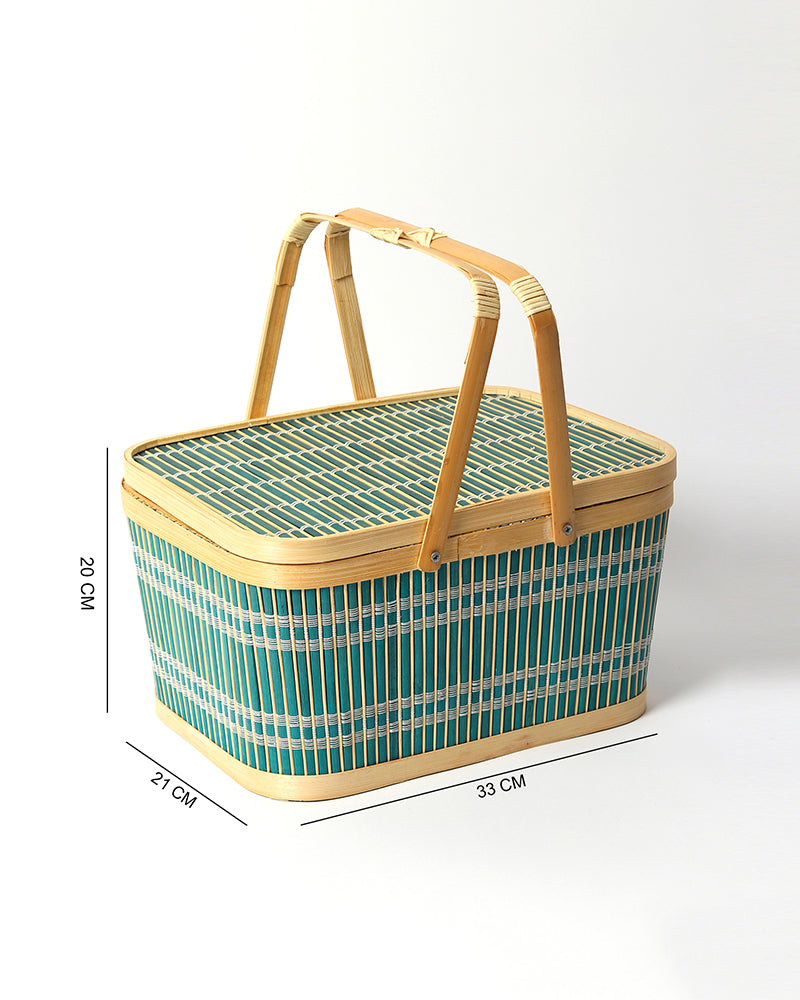 Rustic Bamboo Picnic Basket with Lid for Family Lunch & Travel