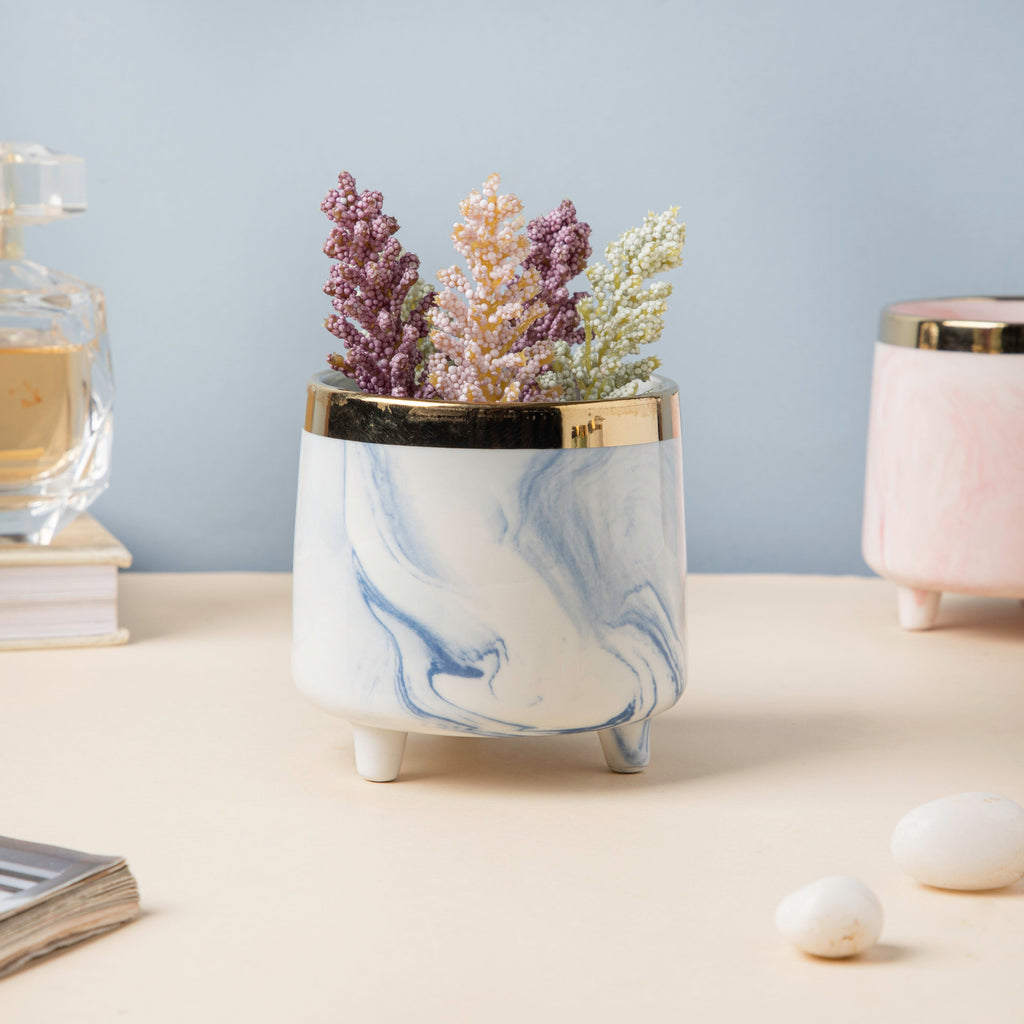 Luxe Ceramic Marble Planter Blue With Legs Nestasia