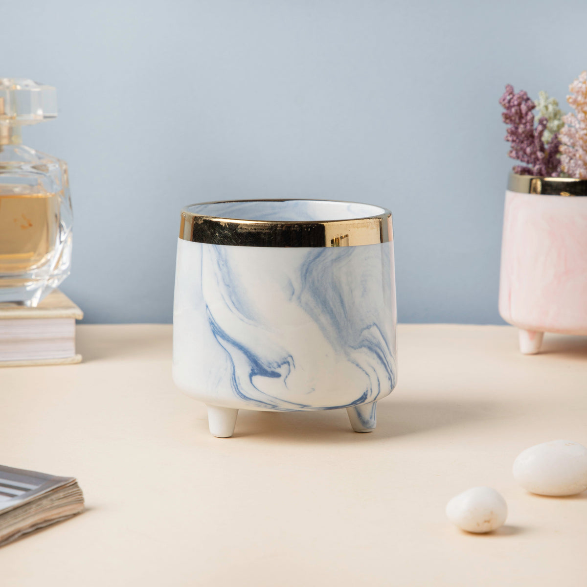 Luxe Ceramic Marble Planter Blue With Legs Nestasia