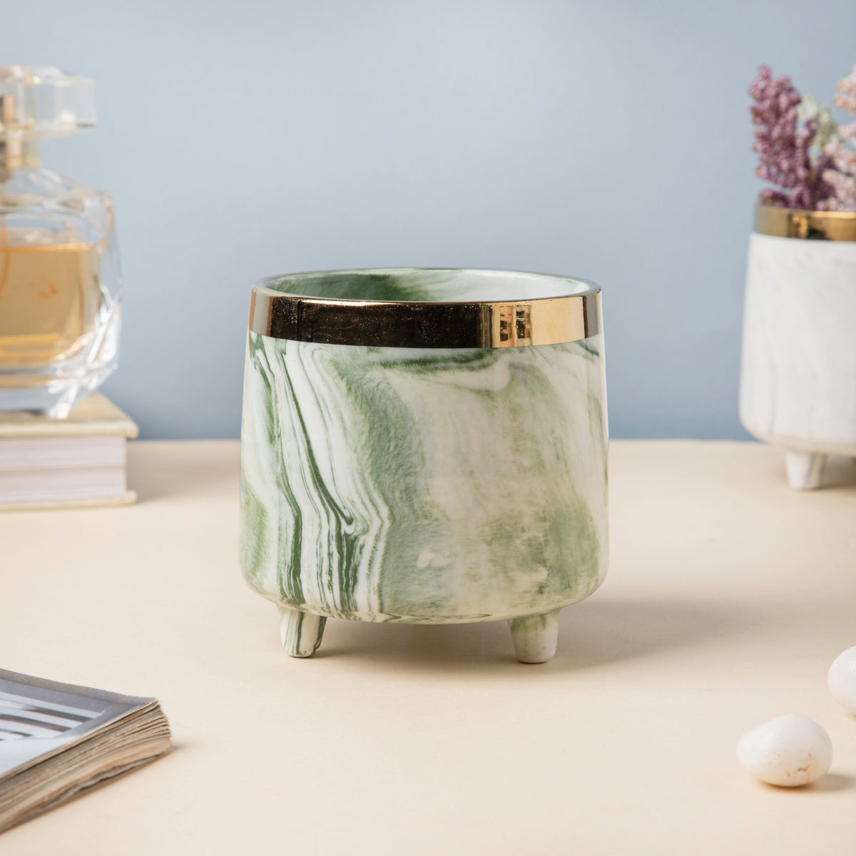Luxe Ceramic Marble Planter Green With Legs Nestasia