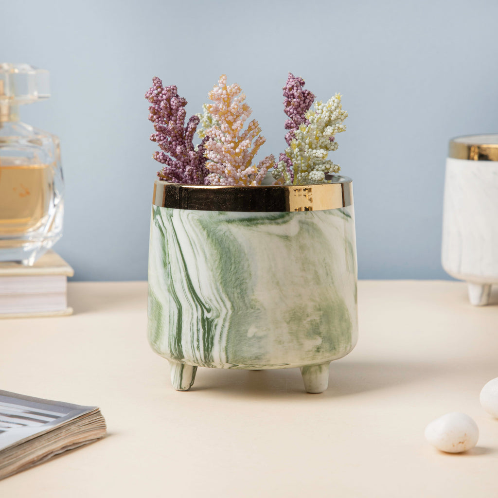 Luxe Ceramic Marble Planter Green With Legs Nestasia