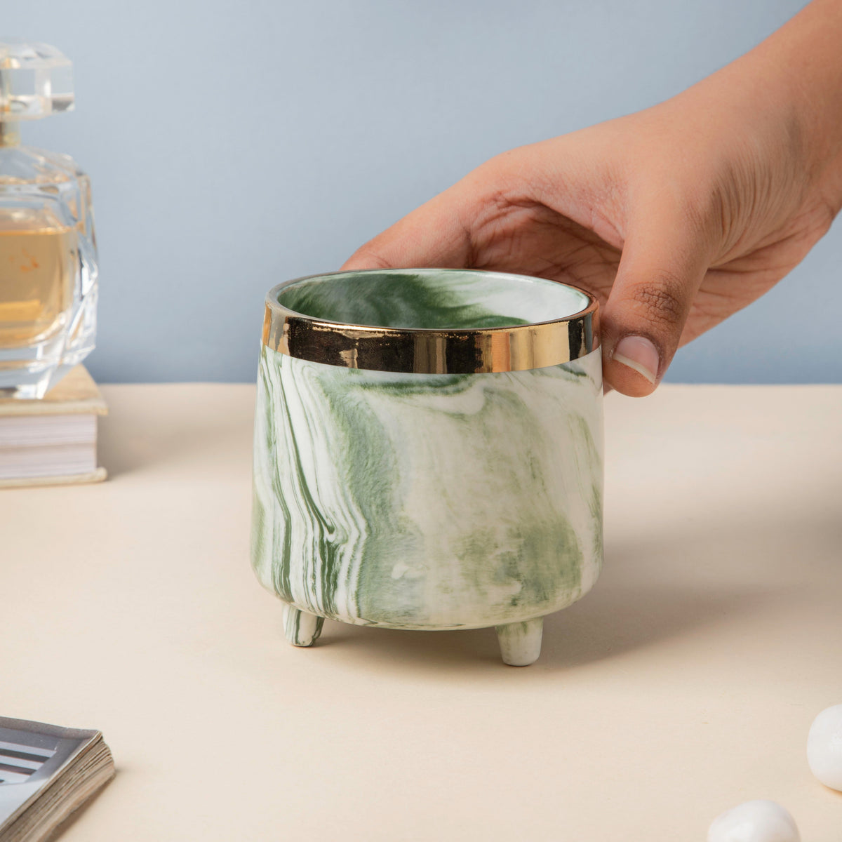 Luxe Ceramic Marble Planter Green With Legs Nestasia