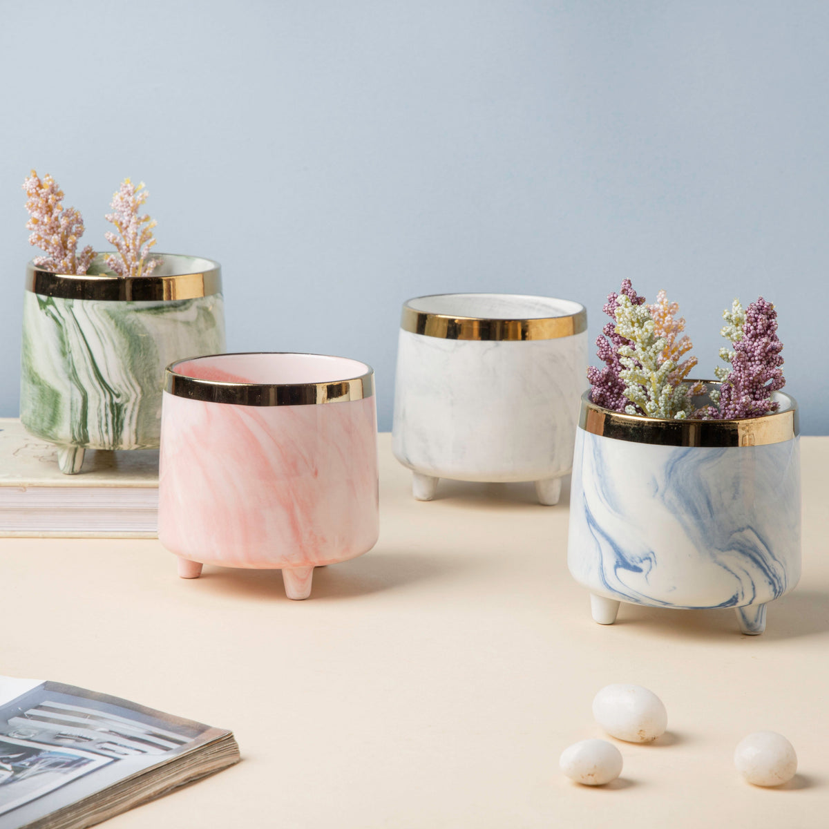 Luxe Ceramic Marble Planter Blue With Legs Nestasia