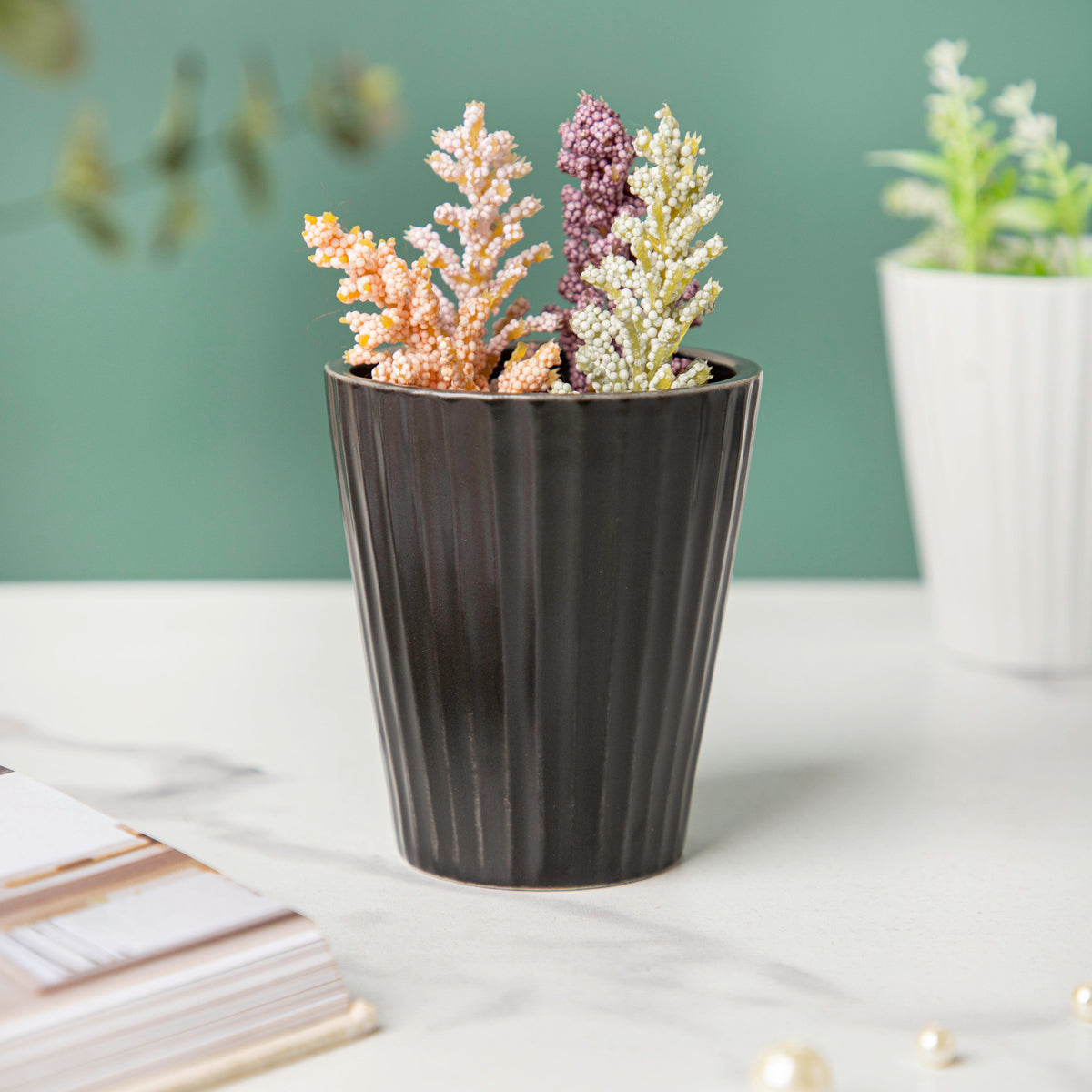 Nordic Black Ribbed Ceramic Planter Nestasia