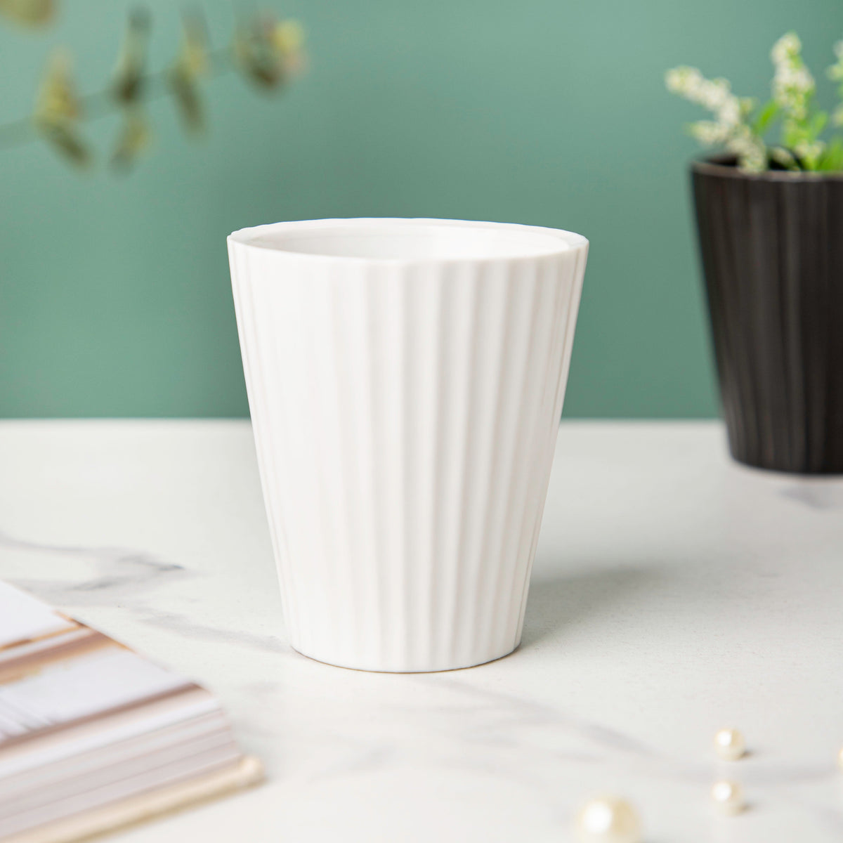 Nordic White Ribbed Ceramic Planter Nestasia