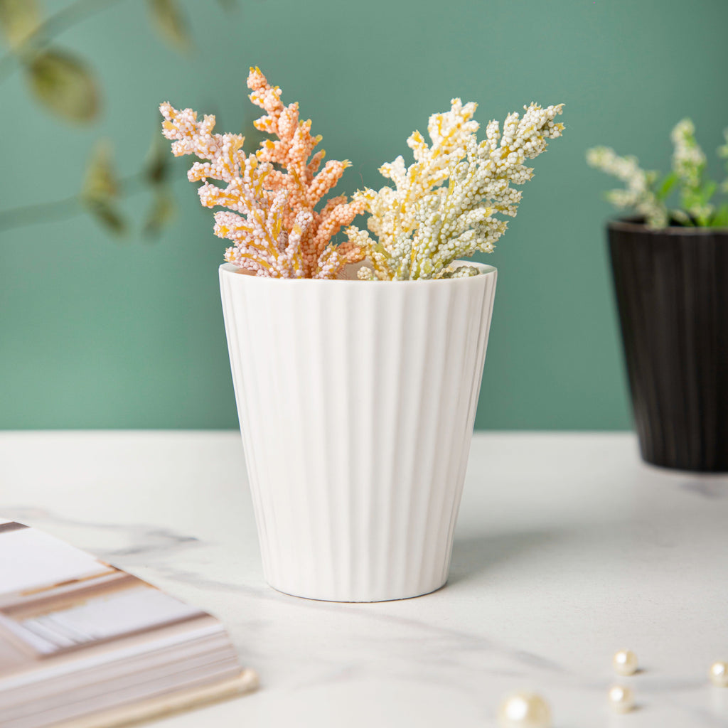 Nordic White Ribbed Ceramic Planter Nestasia