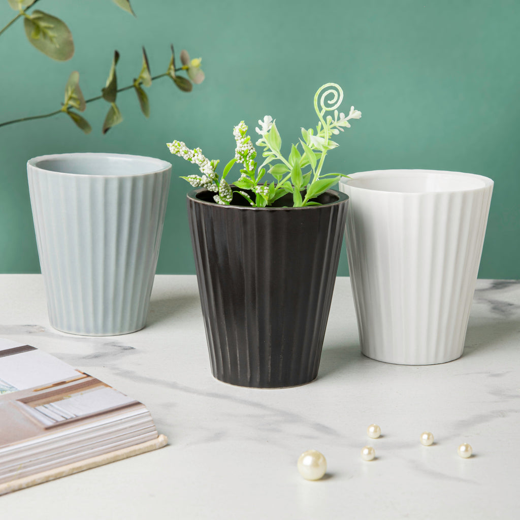 Nordic White Ribbed Ceramic Planter Nestasia