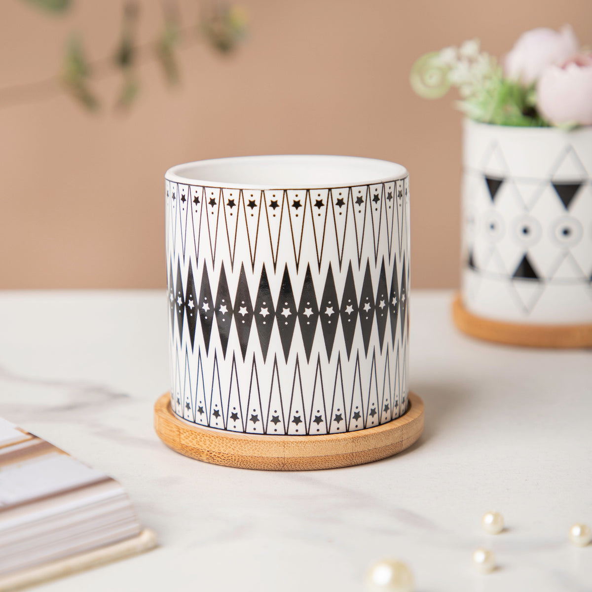 Twyla Starry Night Black White Planter With Wooden Coaster Nestasia