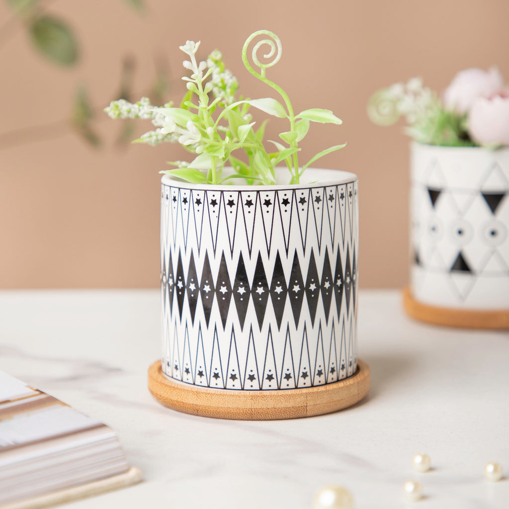 Twyla Starry Night Black White Planter With Wooden Coaster Nestasia