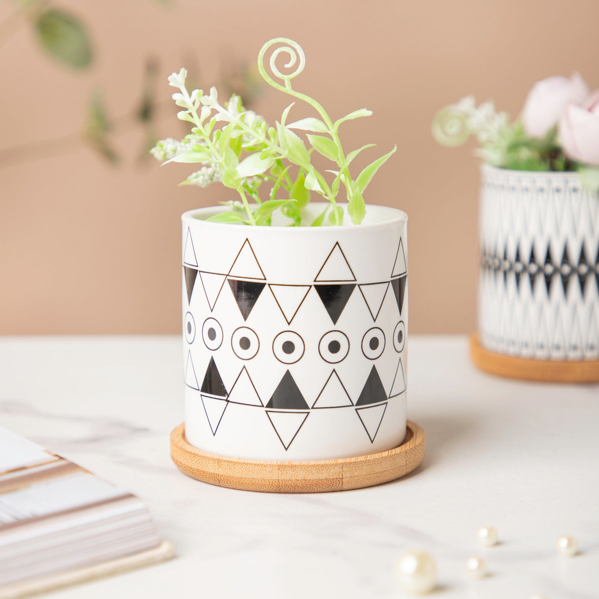 Twyla Enchanting Black White Planter With Wooden Coaster Nestasia
