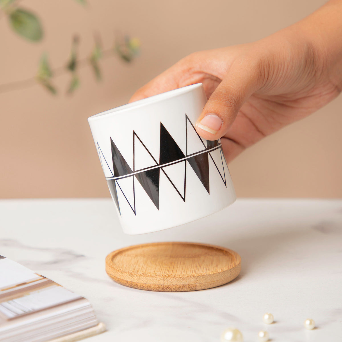 Twyla Triangle Black White Planter With Wooden Coaster Nestasia