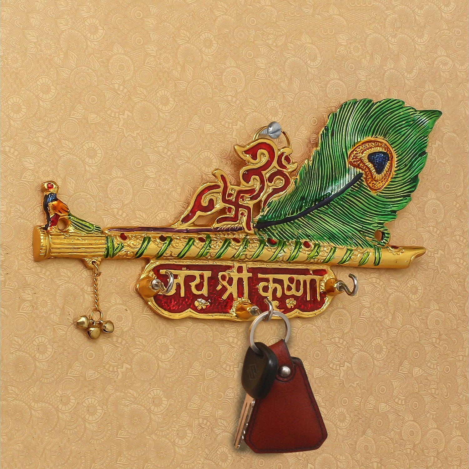 Jai Shree Krishna basuri with mor pankh Key Holder With 3 Hooks (Green, Golden and Red) Kafalo