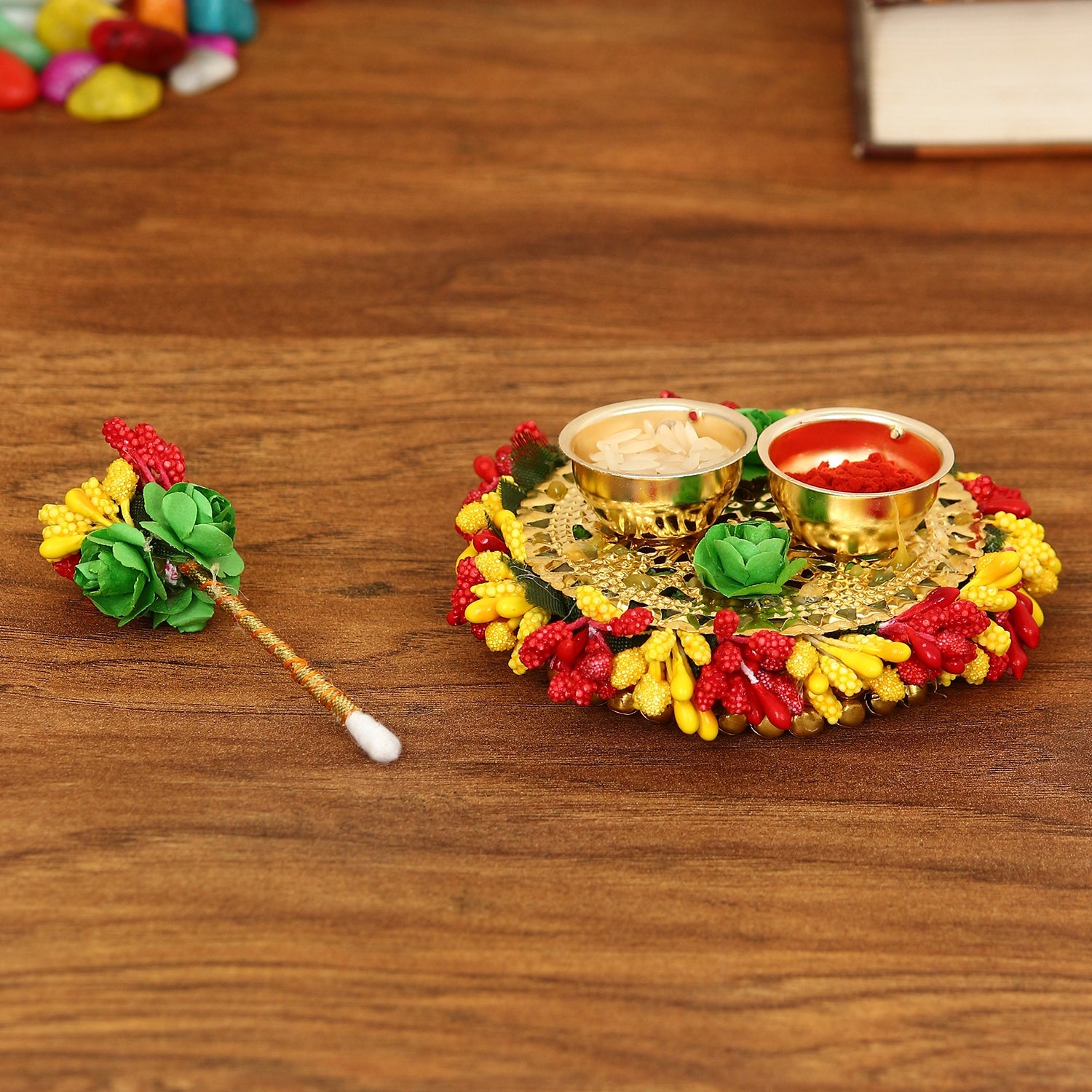 Handicrafted Decorative Roli Tikka, Haldi Kumkum Holder With Designer Stick Kafalo