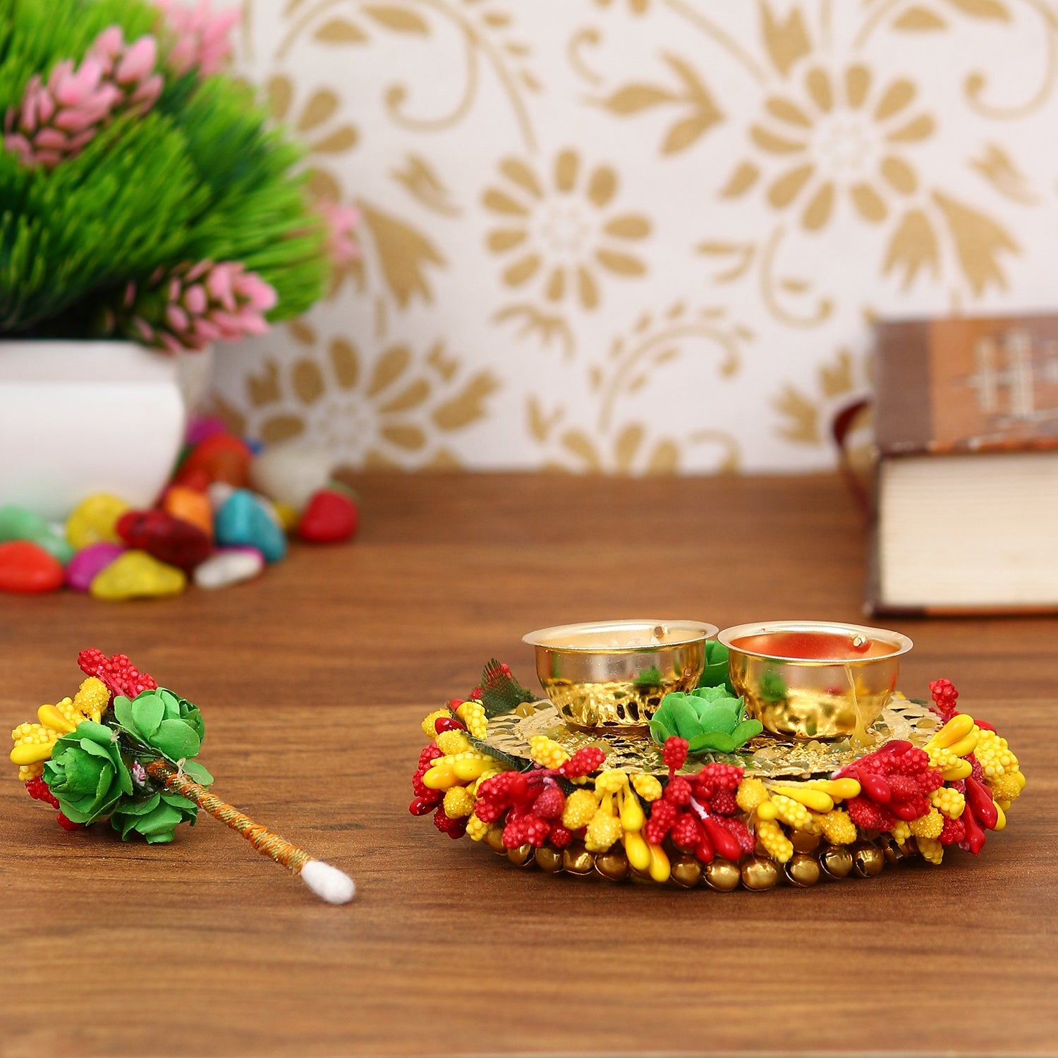 Handicrafted Decorative Roli Tikka, Haldi Kumkum Holder With Designer Stick Kafalo