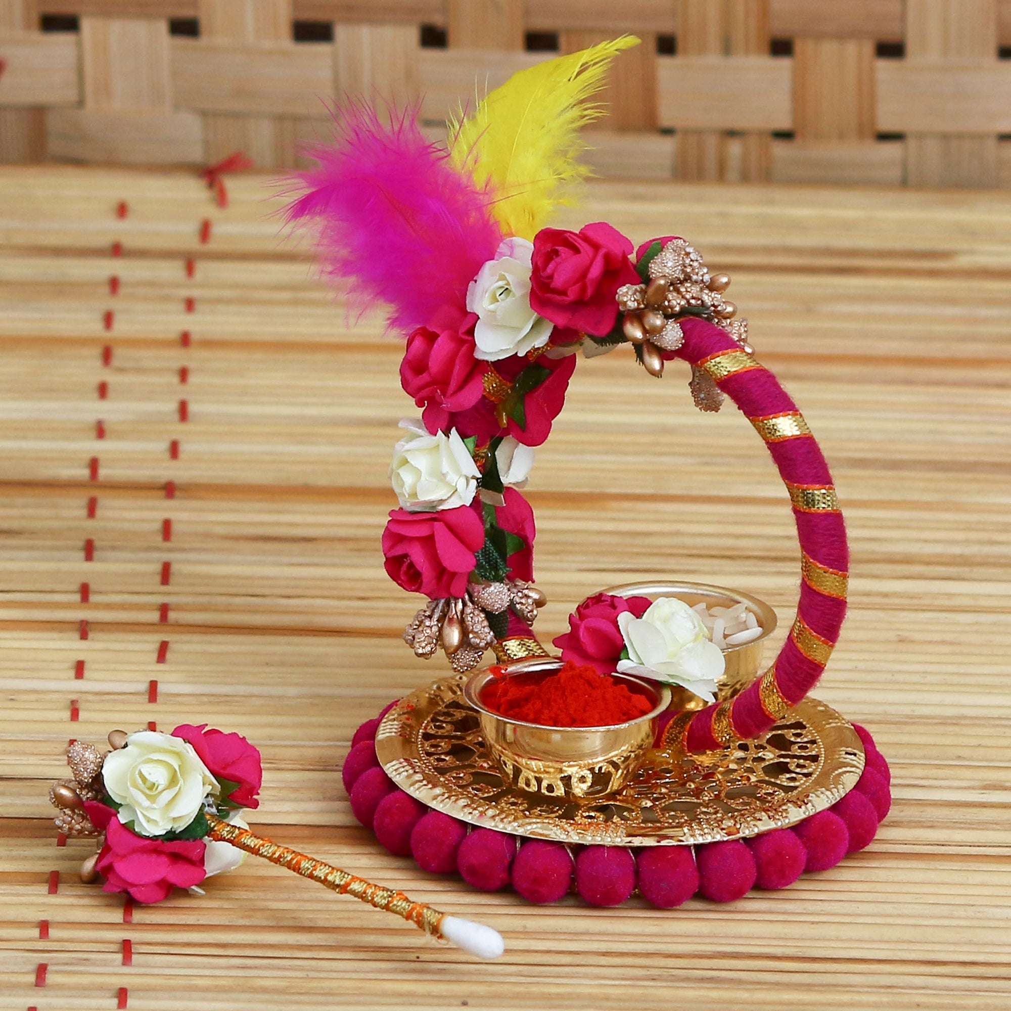 Multicolor Handcrafted Decorative Roli tikka holder with a designer stick and Colorful Feathers Kafalo