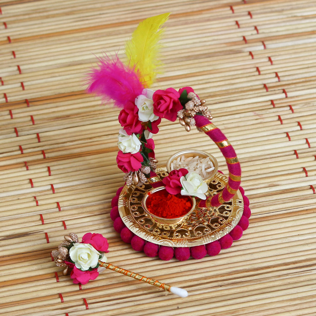Multicolor Handcrafted Decorative Roli tikka holder with a designer stick and Colorful Feathers Kafalo