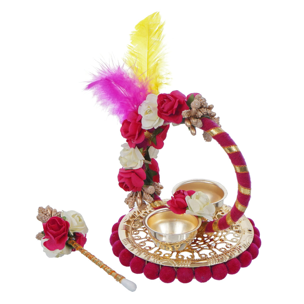 Multicolor Handcrafted Decorative Roli tikka holder with a designer stick and Colorful Feathers Kafalo