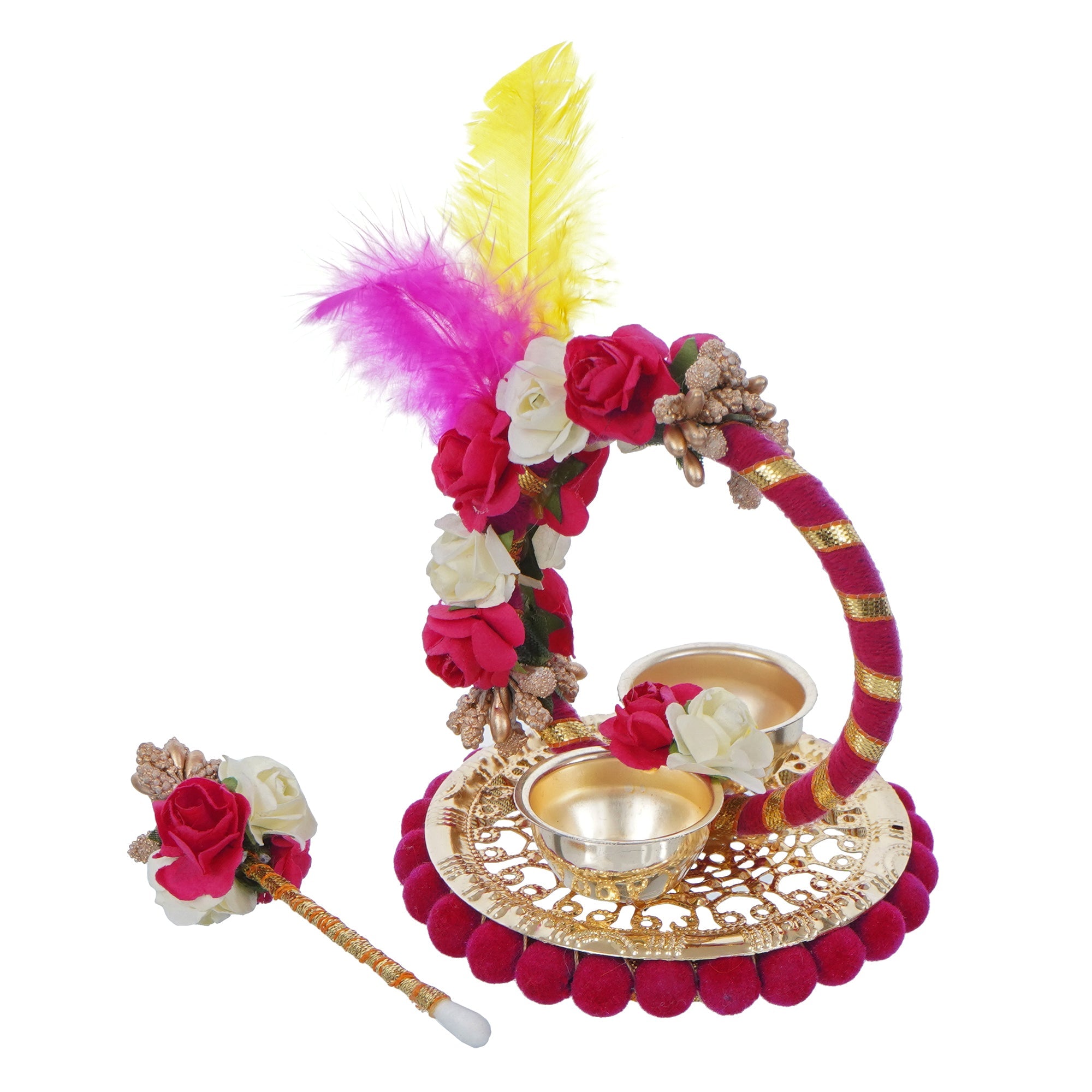Multicolor Handcrafted Decorative Roli tikka holder with a designer stick and Colorful Feathers Kafalo