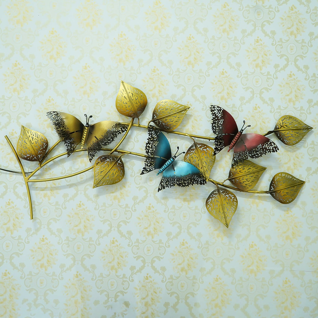 Decorative Leaves and Butterfly Design Handcrafted Iron Wall Hanging with background LED's(Brown, Golden and Blue) Kafalo