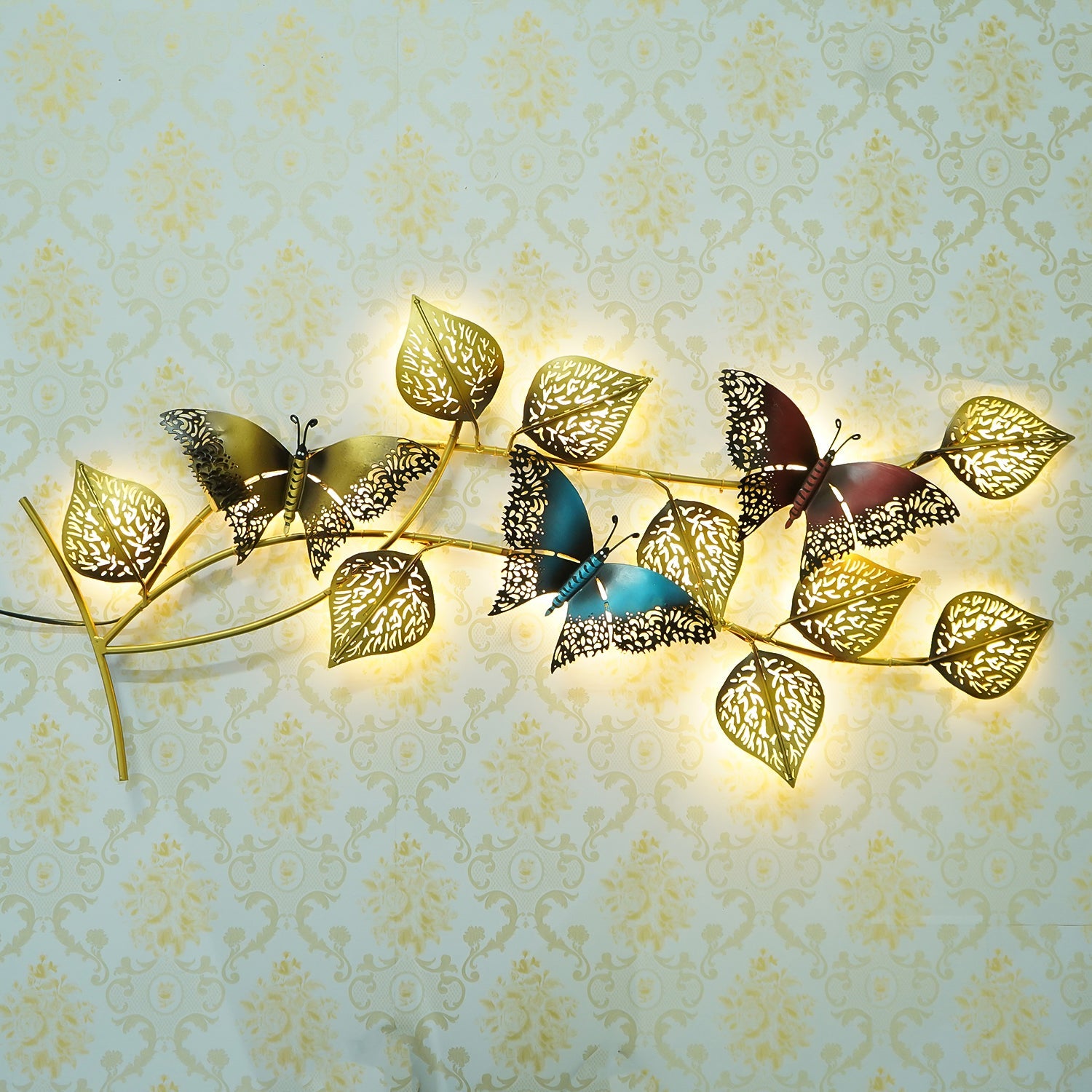 Decorative Leaves and Butterfly Design Handcrafted Iron Wall Hanging with background LED's(Brown, Golden and Blue) Kafalo