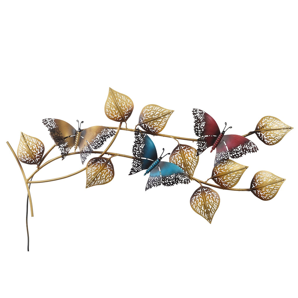 Decorative Leaves and Butterfly Design Handcrafted Iron Wall Hanging with background LED's(Brown, Golden and Blue) Kafalo