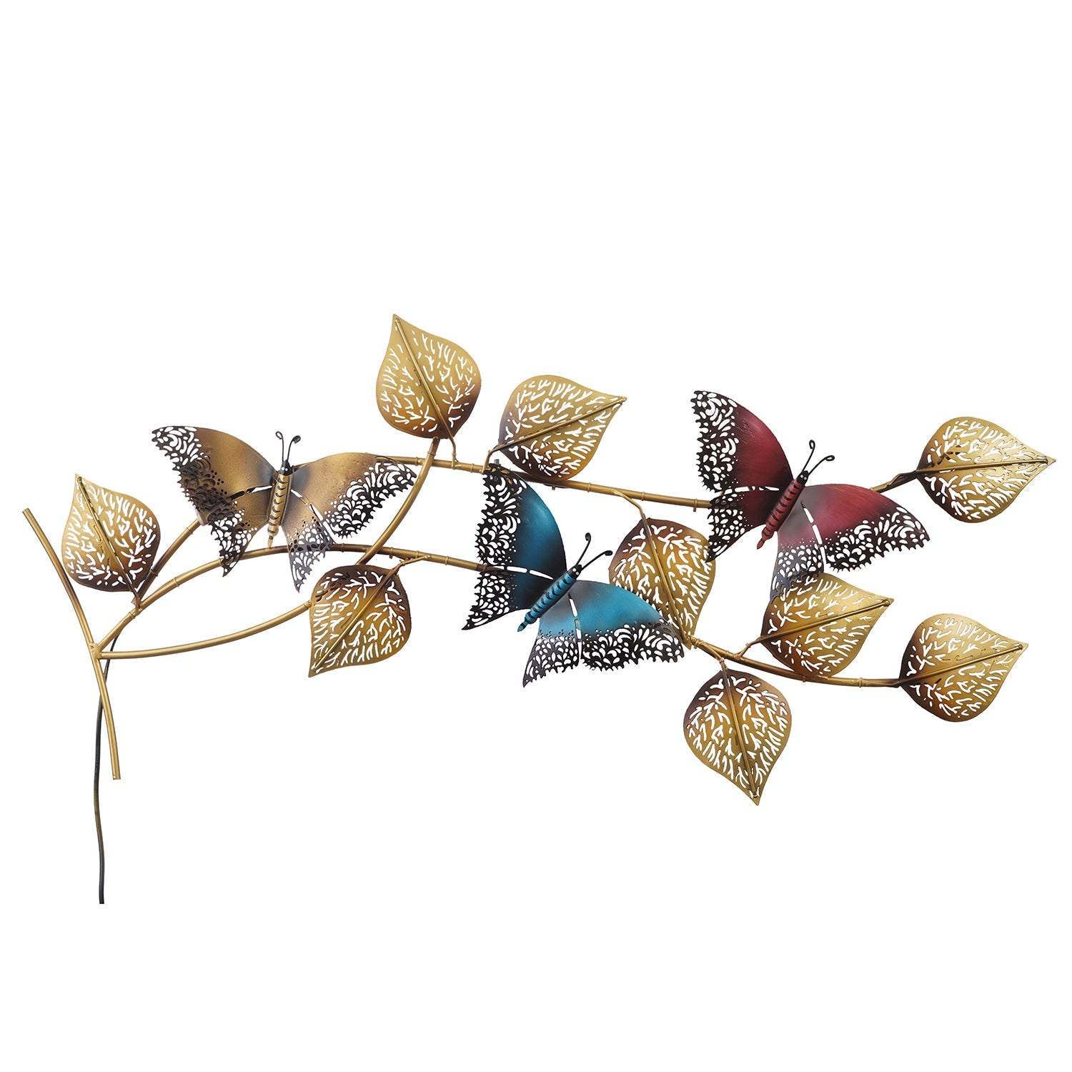 Decorative Leaves and Butterfly Design Handcrafted Iron Wall Hanging with background LED's(Brown, Golden and Blue) Kafalo