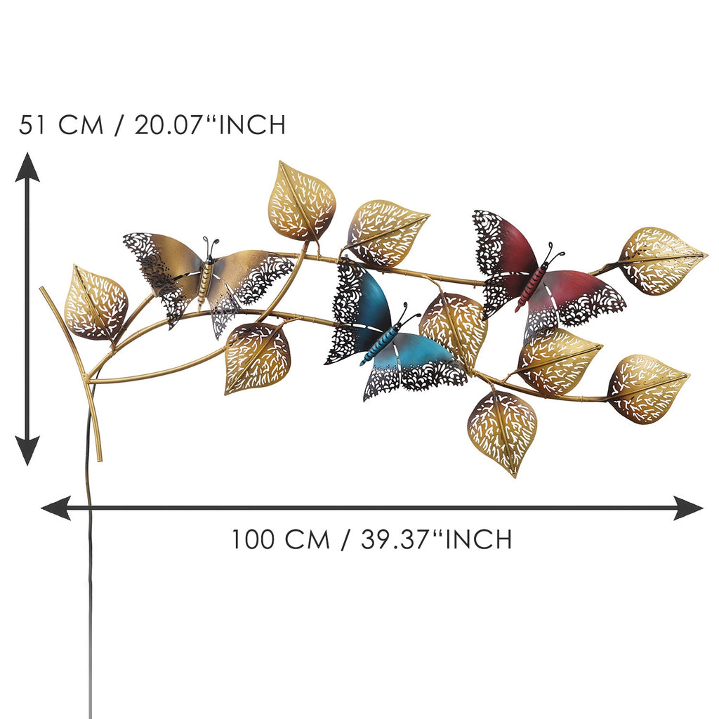 Decorative Leaves and Butterfly Design Handcrafted Iron Wall Hanging with background LED's(Brown, Golden and Blue) Kafalo
